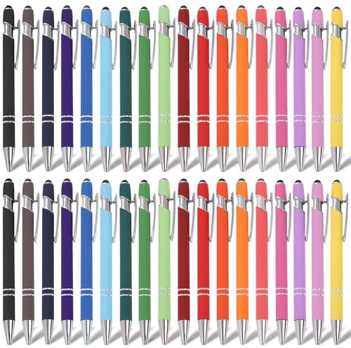 GOMETY 36 Stück Kugelschreiber, Schwarz Ergonomische Kugelschreiber mit Touchpen, Hochwertig Metall Kugelschreibers Set Rutschfeste Griffzone Gel Kugelschreibers für Büro und Haushalt