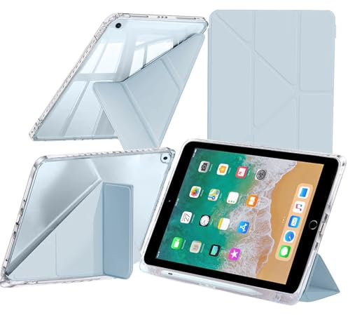 Hülle Kompatibel mit iPad 9,7 Zoll (6./5. Generation, 2018/2017) / iPad Air 2/ Air 1 mit Stifthalter, Klare Stoßfest Schutzhülle, 6-in-1 Y Fold Ständer, Auto Schlafen/Wachen, Hellblau