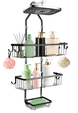Cesta Ducha Colgar Estanteria Ducha, 3 Niveles Estanteria Ducha Sin Taladro, Estanteria Baño con Jabonera 6 Ganchos, Sobre La Cabeza Organizador Ducha Para Champú Jabón Esponja Toalla de Baño