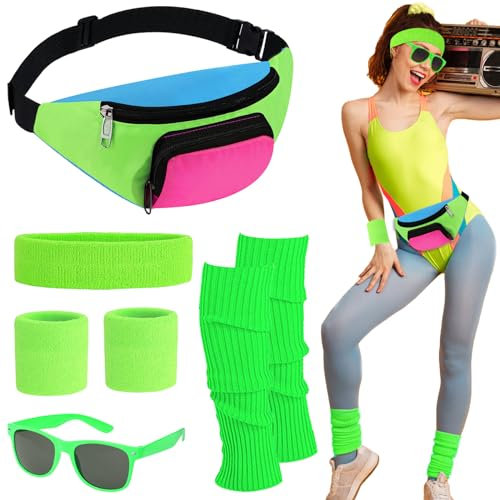 Saier tbo 5Pcs Fancy Dress Accessories, 1980s Women Fancy Party Costume Set with Neon Headband Wristbands Leg Warmers Bum Bag Glasses for Ladies Adult Gilrs Retro Theme Party