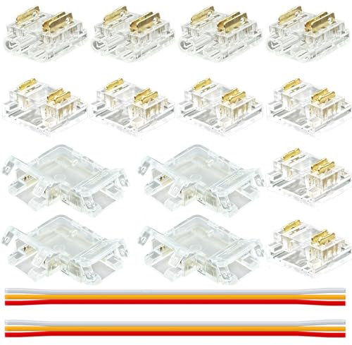 16pcs COB 3pin 10mm LED Streifen Verbinder Kit, 10pcs Transparent Connector 4pcs L-Shaped Eckverbinder 2pcs 15cm Langes 22AWG Verlängerungskabel für Spaltfreies Löten Strip Eckverbindung