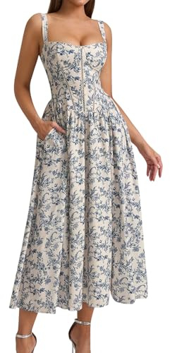 Korsett Kleid Damen Lang Elegant Sommer Trägerkleid Blumen A Linie Mit Schlitz Langes Sommerkleid Träger Rückenfrei Mit Taschen Sommerkleider Leicht Luftig Corset Party Kleider Frauen Geblümt