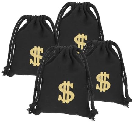 MaoNativey 4PCS Canvas Money Bag with Drawstring, Black Dollar Sign Pouch for Coin, Jewelry & Candy Storage - Pirate, Cowboy Cosplay, Halloween Party Favors, Costume Props