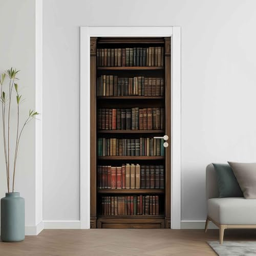 Vintage Bücher Türaufkleber, Rustikal Türfolie Selbstklebende Fototapete, Mittelalter Türposter Abnehmbar Türfolie PVC für Tür Schlafzimmer Badezimmer Türaufkleber 85x200 cmQh272