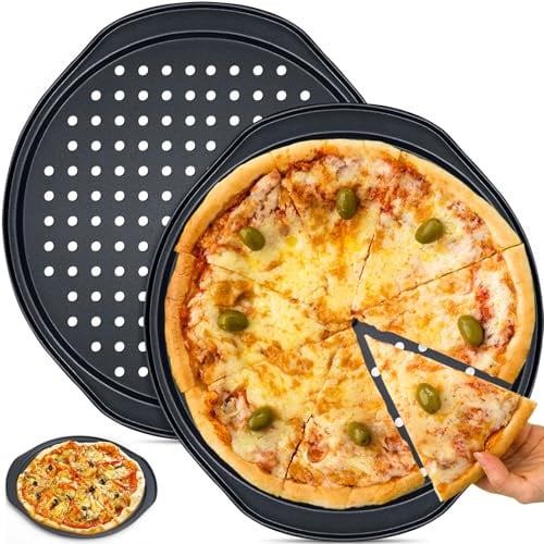 Dinhauyon Teglie per pizza, piatti di pizza rotondi perforati da 14 pollici con maniglia per cucinare il pane all'aglio della con bucce croccanti