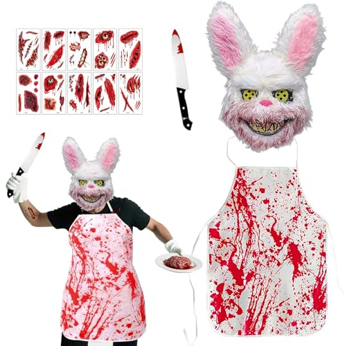 WZBBJuser Horror Hase Kostüm, Horror Kaninchen Karneval Kostüm Set, mit Blutiger Kaninchen Maske, Hasenmaske, Blutiger Schürze, Fake Messer & Tattoos, für Karneval, Fasching & Mottopartys