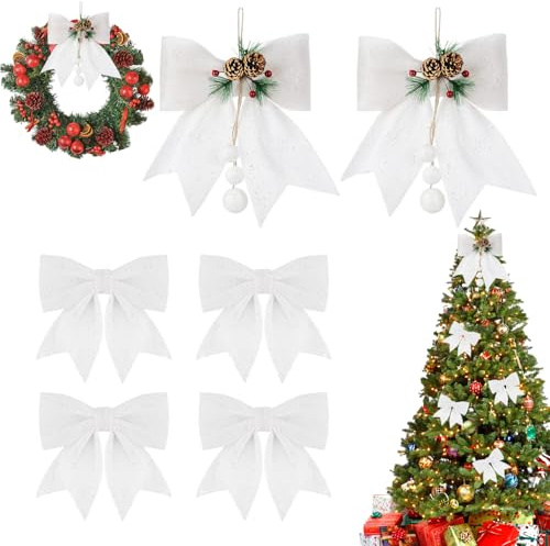Weiß Glitzer Schleifen Weihnachtsbaum, 6 Stück Weihnachtsbaum Schleifen Dekoration für Weihnachtskranz Weihnachten Urlaub Hochzeit Feierlichkeiten