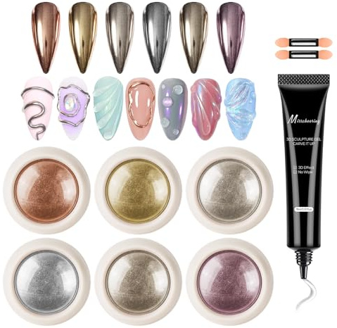 KYDA 6PCS Chrome Nail Powder with 3D Nail Gel, Gold Sliver Rose Gold Champagne Rubbing Dust, Metallic Mirror Pigment Powder and Non-Sticky Sculpting Gel for DIY Nails Designs-A