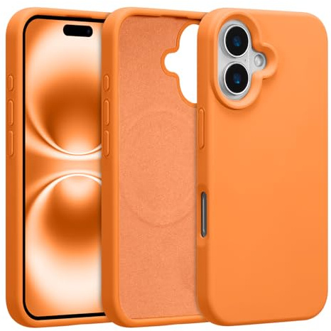UCASONG Magnetic Liquid Silicone Phone Case for iPhone 16, Orange | 6.1Inch, Compatible with MagSafe, Cute Plain Solid Color Slim Case, Soft Smooth Matte Shockproof Protective Cover