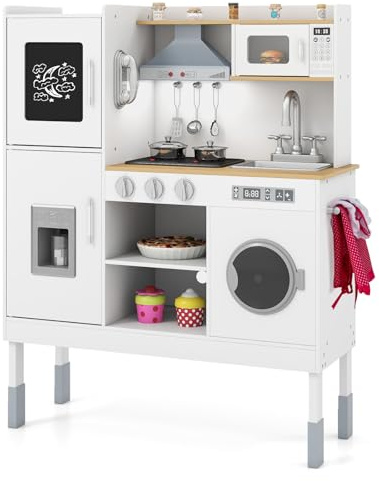 DREAMADE Höhenverstellbare Kinderküche mit Licht und Sound, Spielküche aus Holz mit Zubehör, Kinderspielküche mit Spüle Herd Backofen, Holzküche Spielzeugküche für Kinder ab 3 Jahren (Groß-Natur+Weiß)