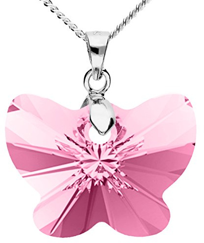 Löb 925 Silber Kette Schmetterling Kristall Anhänger Halskette Rosa Pink Damen Kinder Mädchen Silberkette Stein Süß