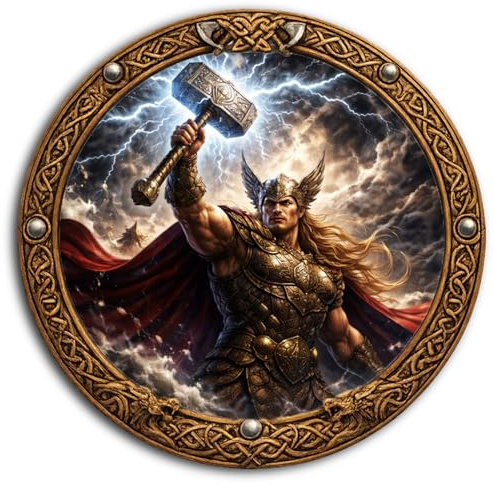 DARO Design - Viking Wandbilder Rund Ø 30 cm - Thor und Mjölnir – Nordische Mythologie & Mystic Motiv - Als Wandbild oder Aufsteller – Inkl. Wandhaken & Ständer Aufsteller