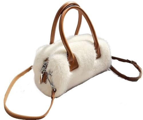Fashion Faux Fur Bowling Crossbody Bag Women Soft Plush Samll Shoulder Bags Design Furry Handbag(White)
