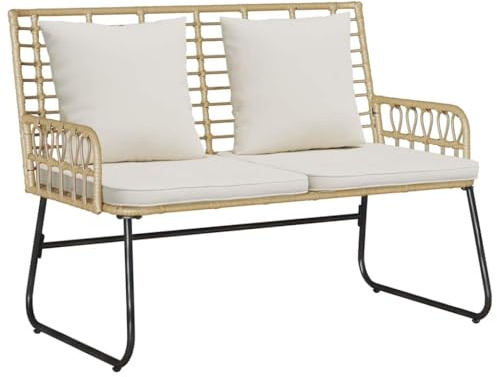 Keeushr Gartenbank Braun und Creme Poly-Rattan, Gartenmöbel Set mit 2 Sitzkissen, modulare Balkon Bank aus Poly-Rattan und Stahlrahmen, für Garten und Terrasse