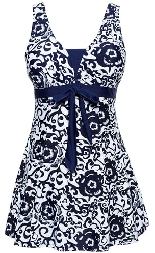 Wantdo Femme Maillots de Bain Une Pièce Robe pour Natation Sportif Impression Élasticité Imprimé Fleur Col en V Taille Plus Cache-Ventre Bretelles Larges Rembourré,Bleu Foncé,EU52-54/ UK 24-26