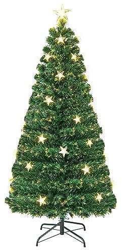 COSTWAY 5FT/6FT Fiber Optic Christmas Tree, Pre-lit Artificial Xmas Trees with Star LED Lights, 8 Lighting Modes, Foldable Metal Base, Holiday Decor for Home Office Shop(5FT)