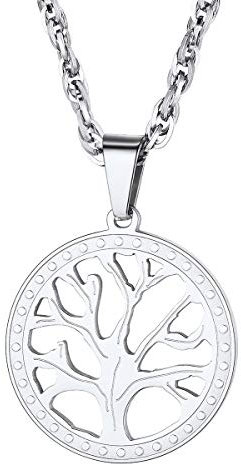 FOCALOOK Bijou Collier Arbre de Vie pour Homme Femme Chaîne 55cm Plus Pendentif Rond en Acier Inoxydable