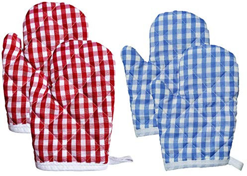 Kinder Kochhandschuhe Mikrowelle Backhandschuh 4 PCS Hitzebeständige Handschuhe Plaid Backhandschuh Ofenhandschuhe Wärmedämmung Handschuhe Verdickte Für Kinder Küche Gitter Stil Blau Rot