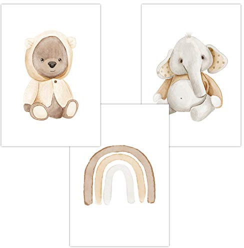 Olgs Babyzimmer Poster 3er Set | Wandbilder für Kinderzimmer Deko Bilder DIN A4 | Teddy Regenbogen Wandposter Mädchen, Junge | Tiere: Bär, Elefant