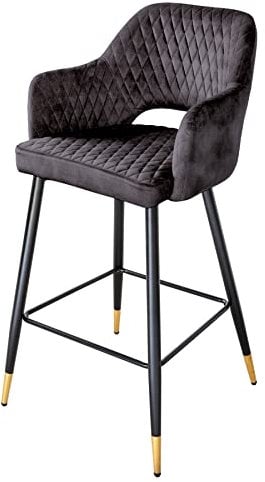 Riess Ambiente Eleganter Barhocker Paris grau Samt mit Ziersteppung und goldene Fußkappen Fußkappen Hocker Hausbar Sitzhocker