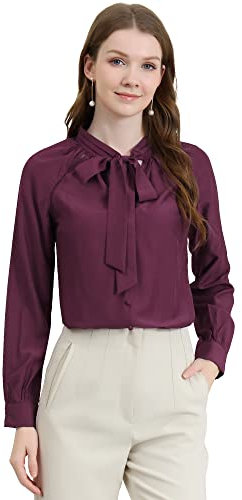 Allegra K Camisa Casual con Botones Manga Larga Corbata De Lazo para Mujer Fucsia M