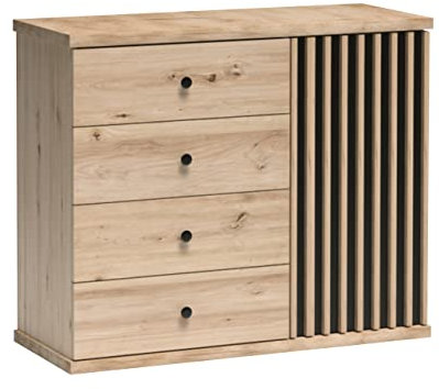 Mirjan24 Kommode Weren WE05 mit 4 Schubladen und Tür, gedämpftem Schließsystem, Mehrzweckschrank, Anrichte, Sideboard, Highboard, Wohnzimmer, Diele, Flur (Artisan/Schwarz + Artisan Lamellen)