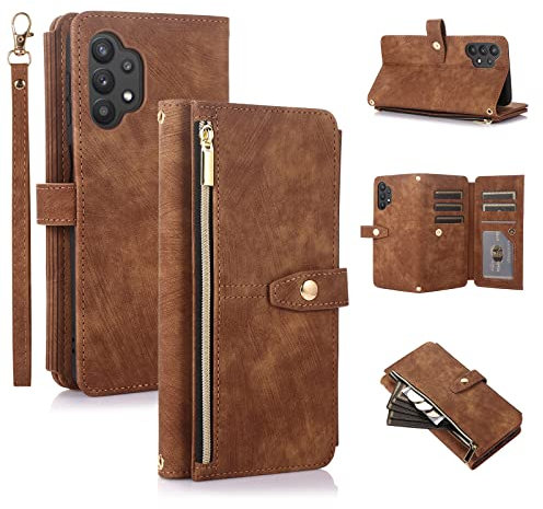 UEEBAI Hülle für Samsung Galaxy A32 5G, 9 Kartenfäche Retro Leder Geldbörse Stoßfest Flip Case mit Handschlaufe Standfunktion Reißverschluss Handyhülle Magnetverschluss Wallet– Retro Braun