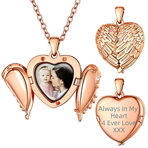 Supcare Rosegold Herz Medaillon aufklappen Custom Öffnen Medaillon Damen Flügel Locket Necklace Kette Foto Halskette Anhänger Kettenanhänger Casual Personalisiert Schmuck für Ferien