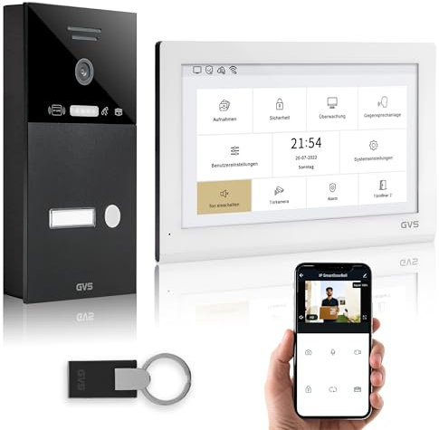GVS - IP Video Türsprechanlage mit Türöffner, RFID Zugang, HD Kamera, 1x 10 Zoll Monitor & App - Smarte Video Türklingel mit Kamera & Gegensprechanlage für 1 Familienhaus (AVS5436A)