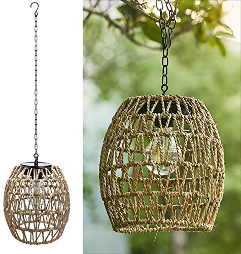 Lanterne solaire d'extérieur à suspendre, algues naturelles en rotin et bambou tissé pour porche, patio, tonnelle, lustre décoratif à énergie solaire pour porte d'entrée, jardin