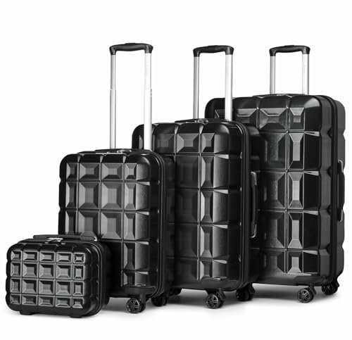 Kono Set de 4 Valise Rigide ABS Valise de Voyage 54cm Valise Moyenne 62cm Valise Grande 72cm à roulettes et Serrure TSA et Trousse de Toilette, Noir