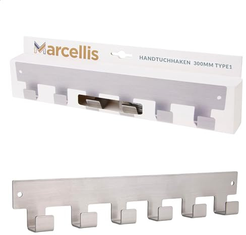 Marcellis Premium Garderobenhaken, Edelstahl, 6 Haken - Wandhakenleiste ideal als Handtuchhalter oder Hakenleiste - Hochwertige Verarbeitung und Befestigungsmaterial - 5,2x30x2,4 cm (HxWxD)