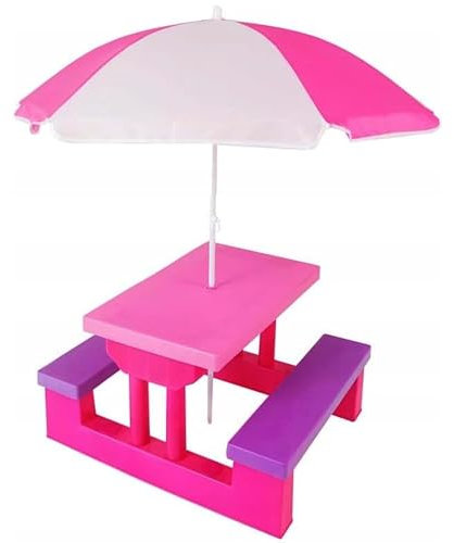 COIL Muebles de jardín para niños, mesa infantil para exteriores con sombrilla, grupo de asientos infantiles versátiles, mesa de picnic para niños a partir de 3 años, juego de asientos infantiles para