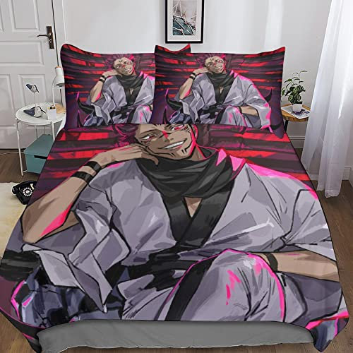 UKALOU Jujutsu Kaisen Hochwertiges Sukuna Bettwäsche-Set 3-teilig - 3D-Druck Bettbezug, Kissenbezüge Und Bettlaken Microfaser Material Für Mädchen Und Jungen Reißverschluss Double(200x200cm)