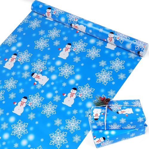 MAMUNU Weihnachts-Geschenkpapierrolle, blaues Weihnachts-Geschenkpapier für Geschenkverpackungen, Kunsthandwerk, Dekorationen, Geschenkpapier mit Schneeflocken-Schneemann-Designs, 43,2 x 150 cm.