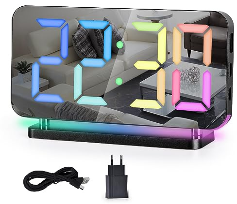 SZELAM Digital Alarm Clock,RGB Alarm Clock Bedside,7.4LED Mirror Clock with USB Charging Port,10 Modes RGB Night Light,11 Colors LED Display,Auto Dimming,5 Levels Volume Desk Clock for Bedroom Decor