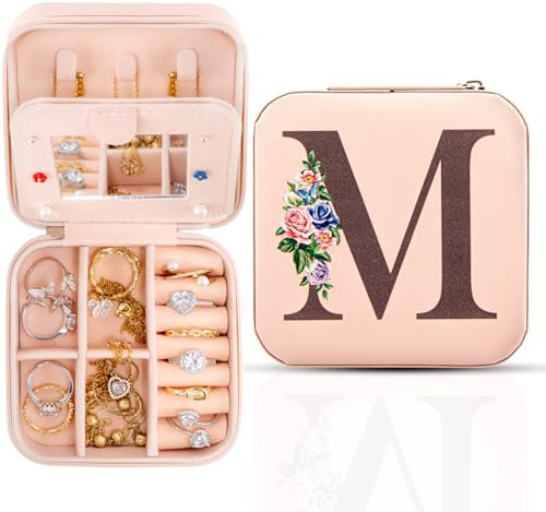 Reise-Schmuckschatulle mit Spiegel, Reise-Essentials-Schmuckhalter-Organizer, Ring-Halskette-Ohrring-Organizer, personalisiertes anfängliches Reiseschmuckkästchen, Geschenke für Frauen und Mädchen,M