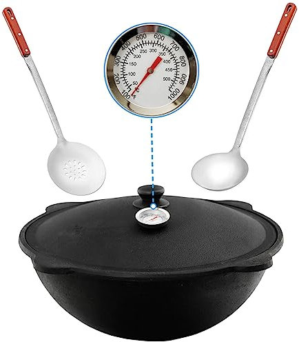 Gusseisen Kasan 12L rund NAMANGAN Campingtopf Kazan WOK Kessel Camping BBQ, Aluminium Deckel mit Thermometer, inkl. Schaumkelle Schaumlöffel Schöpflöffel Suppenkelle Küchenhelfer Edelstahl