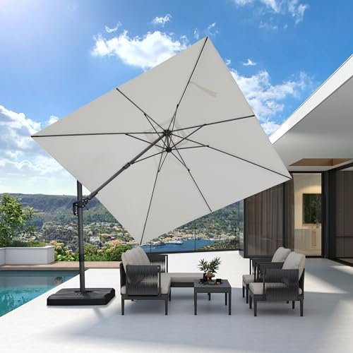 PURPLE LEAF Parasol Déporté Pivotant 3 x 3 m Carré, Parasol de Jardin Extérieur Pivotant à 60° à Gauche et à Droite avec 5 Inclinaisons Réglables et Rotation à 360°, Toile Protection UV, Blanc
