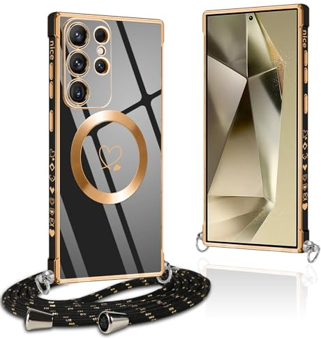 Pnakqil Handykette für Samsung Galaxy S24 Ultra Hülle mit Band, Kompatibel mit MagSafe, Handyhülle Ultra Dünn Silikon Magnetisch mit Herz Love Muster Schutzhülle mit um Umhängen Kordel, Schwarz
