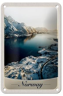 Femer Blechschild Reise 12x18cm Norwegen Winterzeit Schnee Meer Urlaub Schild