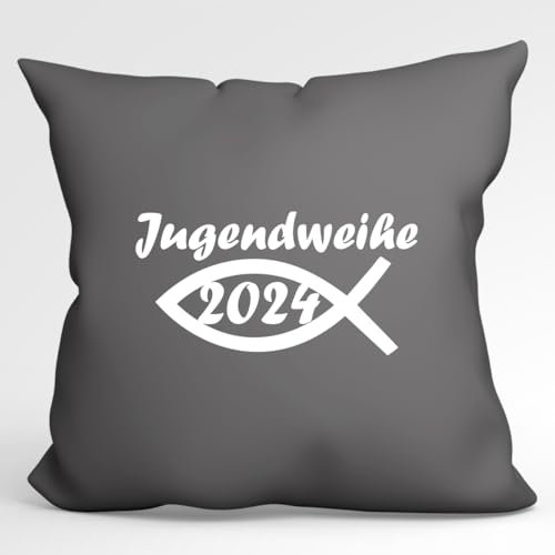 huuraa Kissen Jugendweihe 2024 Fisch Deko Sofakissen mit Füllung 40x40cm Steel Grey mit Motiv für die Jugendfeier Geschenk Idee für Freunde und Familie