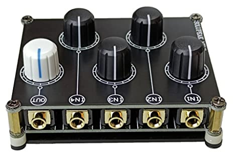 DLOETT Passive 3.5mm line levels control, mini 4 ways passive audio mixer Stereo 4-in-1-out AUX Audio Mixer