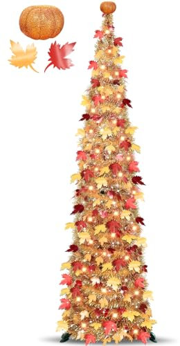 Minuteur et citrouille – Arbre d'automne lumineux de 1,5 m – Décorations d'automne pour la maison – Érable avec 50 lumières LED orange chaudes – Fonctionnement à piles – Arbre de Thanksgiving pliable