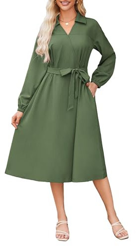 GRACE KARIN Damen Reverskleid Mit V-Ausschnitt Elegant Lange Ärmel Blusenkleid Mit Gürtel Armeegrün S
