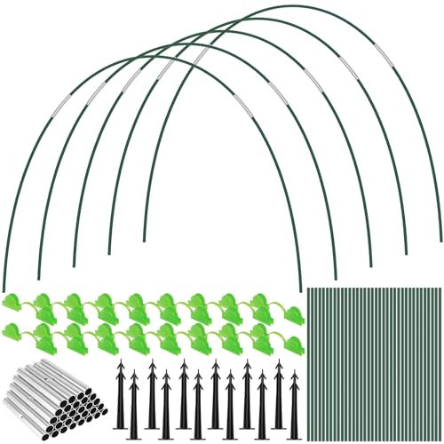 96Pcs Garden Hoops for Netting Raised Beds, Greenhouse Hoops Frame Tunnel with 30 Metal Connector &18 Clip & 12 Black Stake, 17in Detachable Fiberglass Support Hoops, Grow Tunnel Hoops for Veg