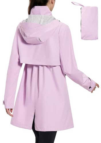 baleaf Damen Langer Regenmantel Packbar Wasserdicht Windbreaker Leichte Fahrradjacke mit Kapuze