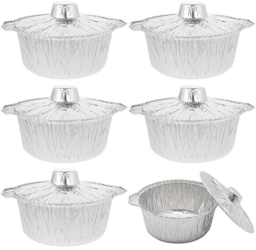 Haowul Lot De 6 Moules À en Aluminium avec Couvercles, 1100, Ronds en Aluminium, pour Four, Cocottes, Camping, Cuisson, Plats Jetables en Étain pour Cuisiner des Repas À Rôtir