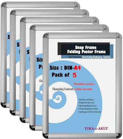 TUKA-i-AKUT 5er Aluminium Klapprahmen DIN A4 | 25 mm Profil | Abgerundete Ecken | Schutzscheibe Befestigungsmaterial | Plakatrahmen Wechselrahmen Schnapprahmen Aufklappbar, Silber Farbe TKD8421-A4-5X