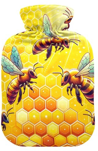Flying Bees and Honeycomb Hot Water Bottles with Soft Velvet Cover Hot Water Bag for Foot Bed Warmer Pain Relief, 1 Liters